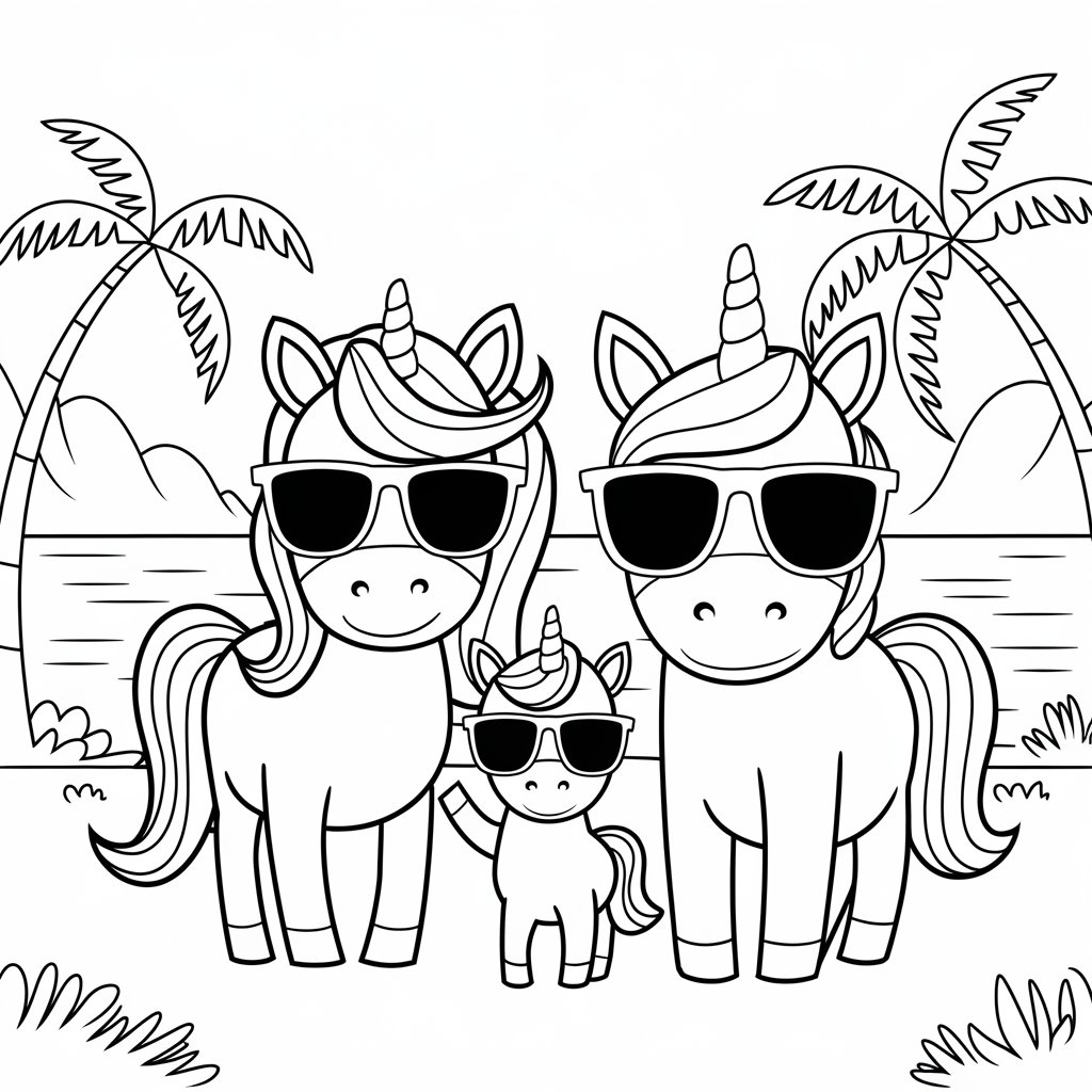 Einhorn Familie in Urlaub Ausmalbild