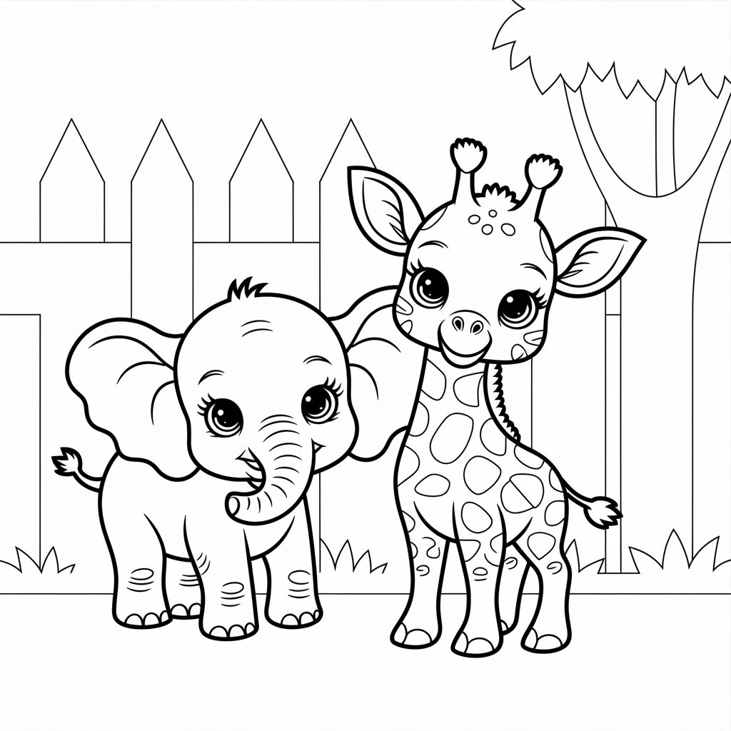 Ausmalbild Elefant und Giraffe Tierbabys