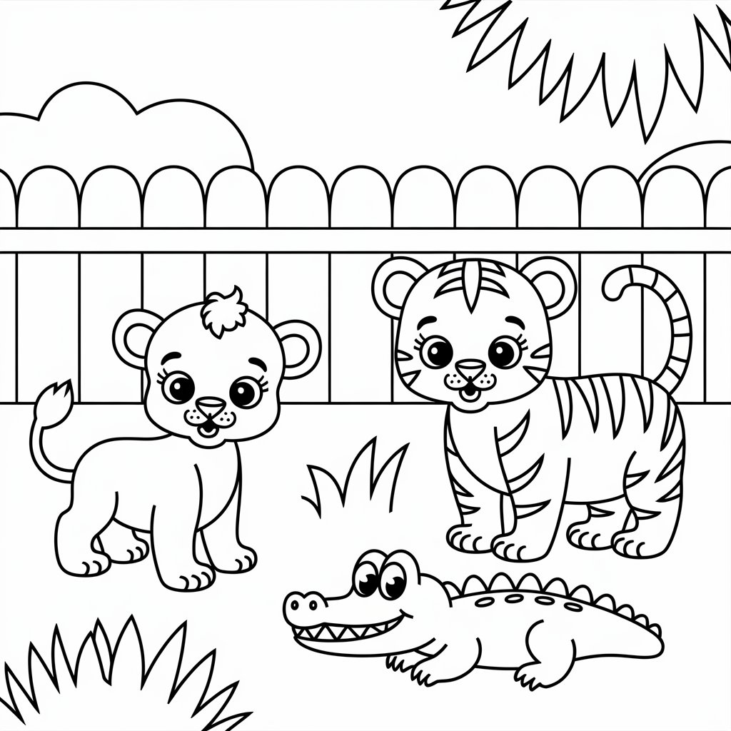 Ausmalbild Löwe mit Tiger und Krokodil Tierbabys 