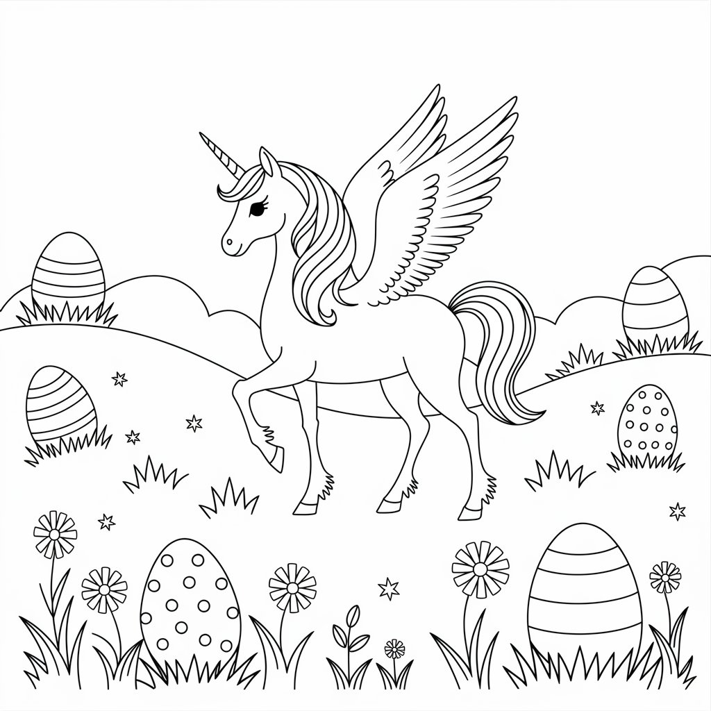 Ausmalbild Einhorn mit Fluegeln und Ostereiern