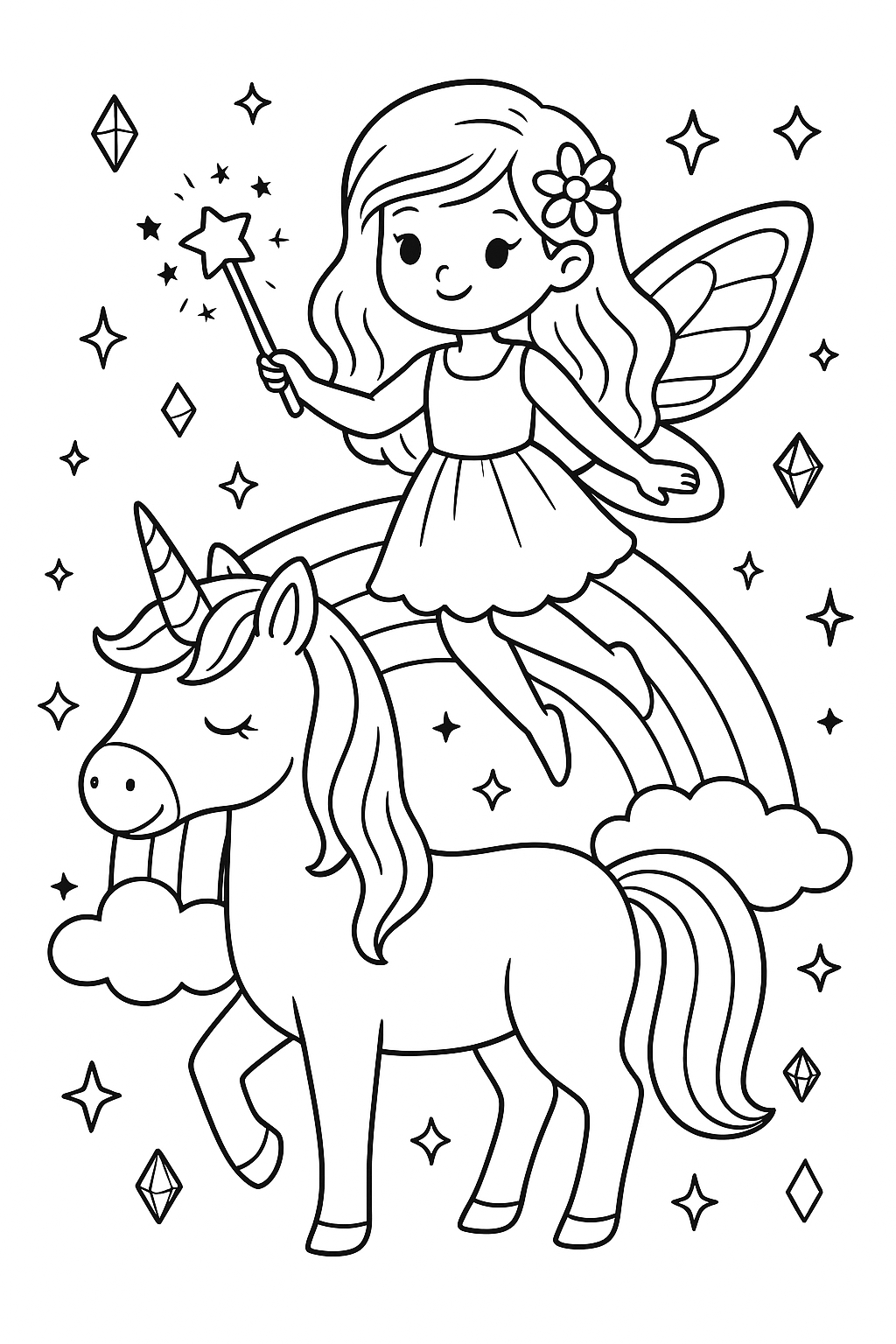 Ausmalbild Fee mit Einhorn & Regenbogen