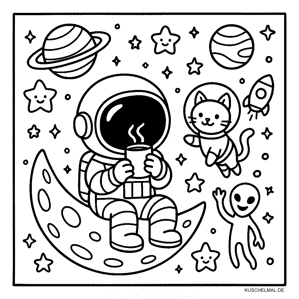 Ausmalbild Weltraum Abenteuer – Astronaut & Katze im All