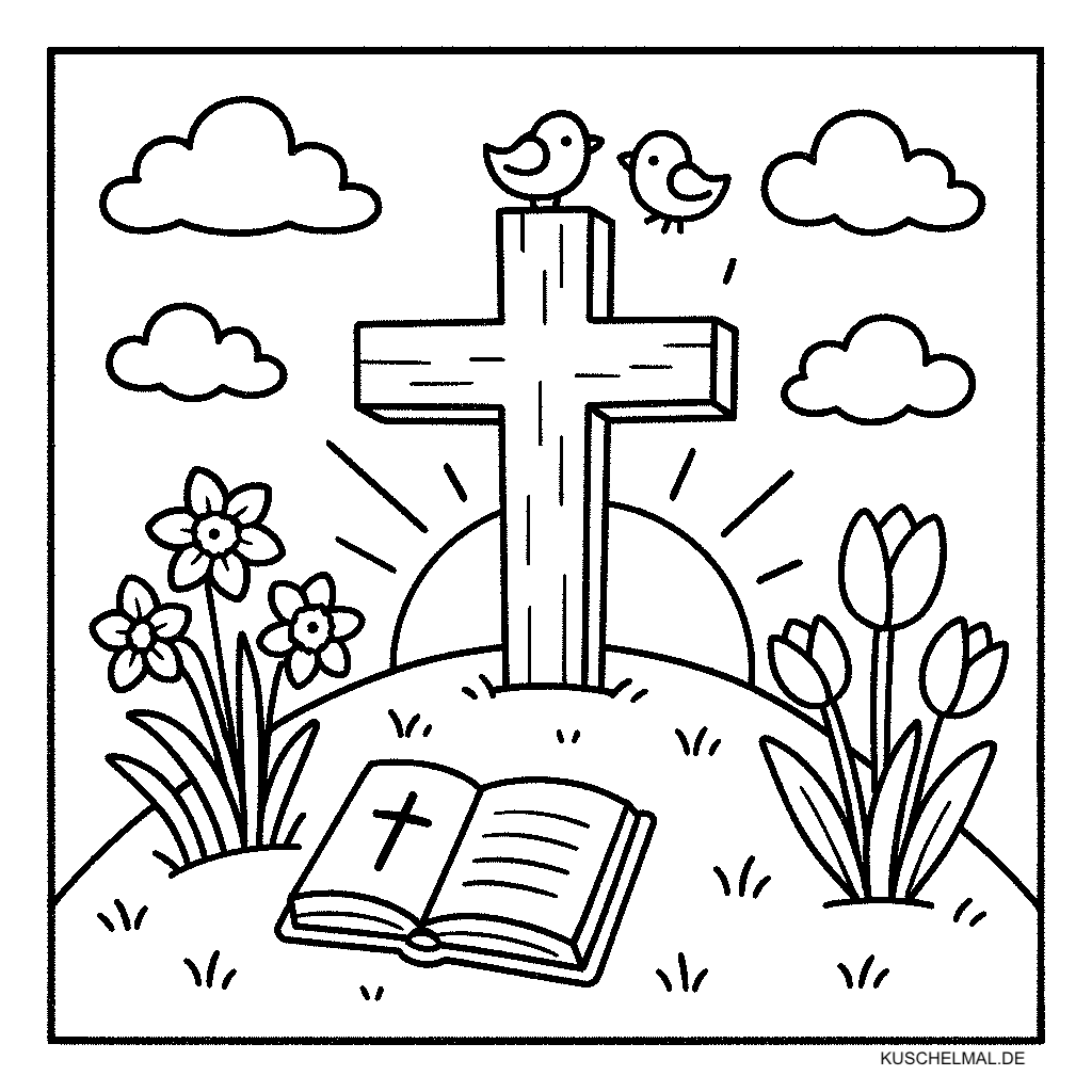 Christliches Ostern Ausmalbild Kreuz & Bibel zum Ausmalen