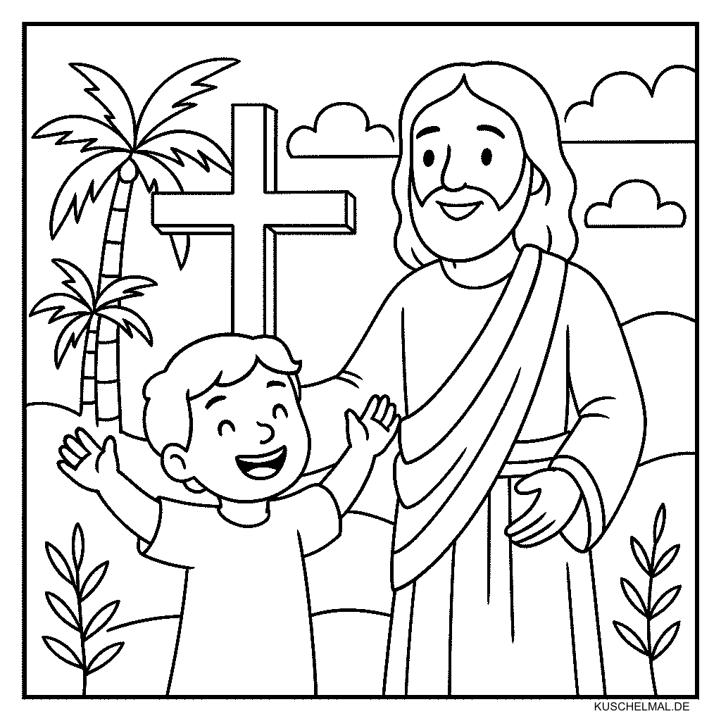 Ausmalbild mit Jesus, fröhlichem Kind, Kreuz & Palmen