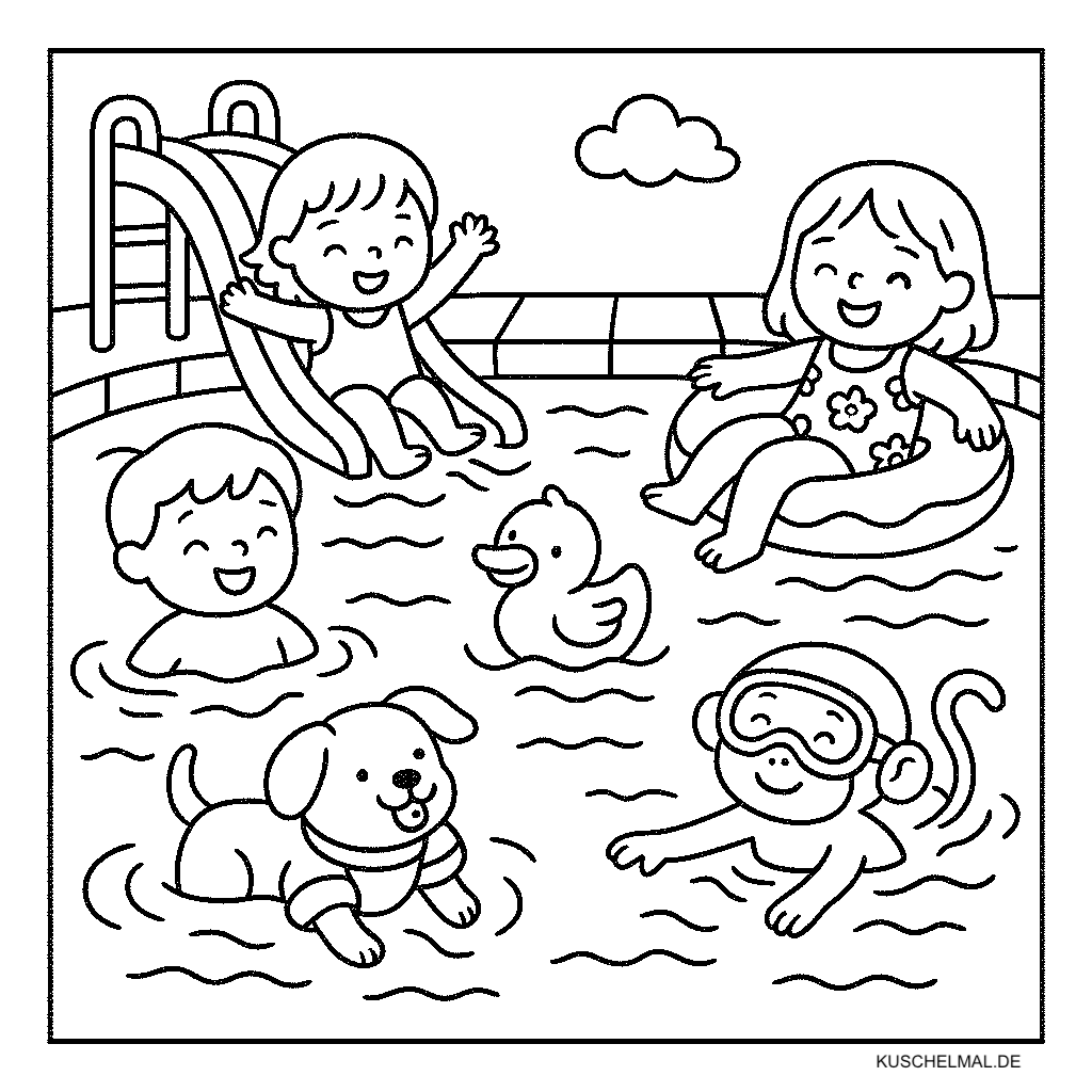 Schwimmbad Ausmalbild mit Kindern & Tieren