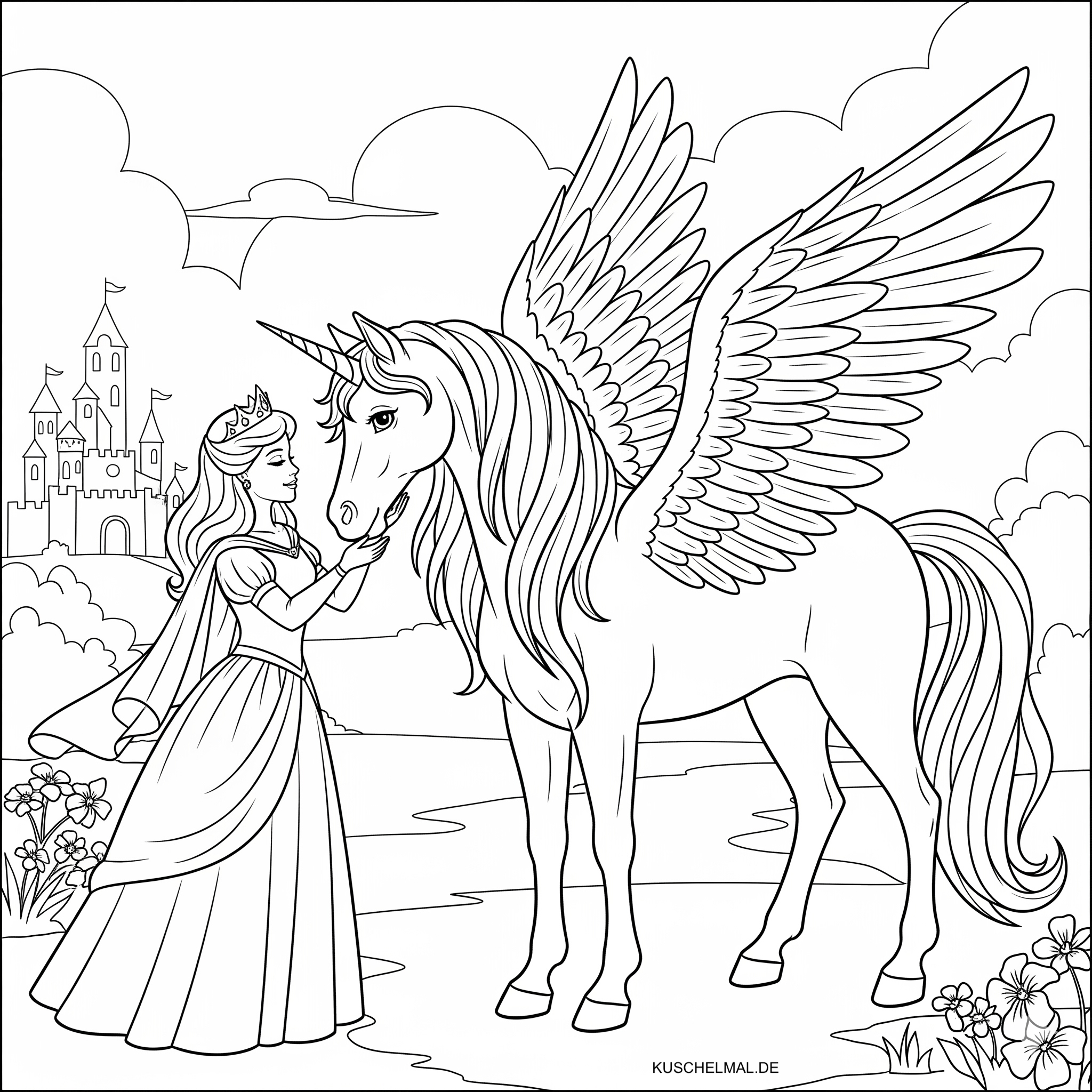 Prinzessin & Einhorn mit Flügeln Malvorlage 