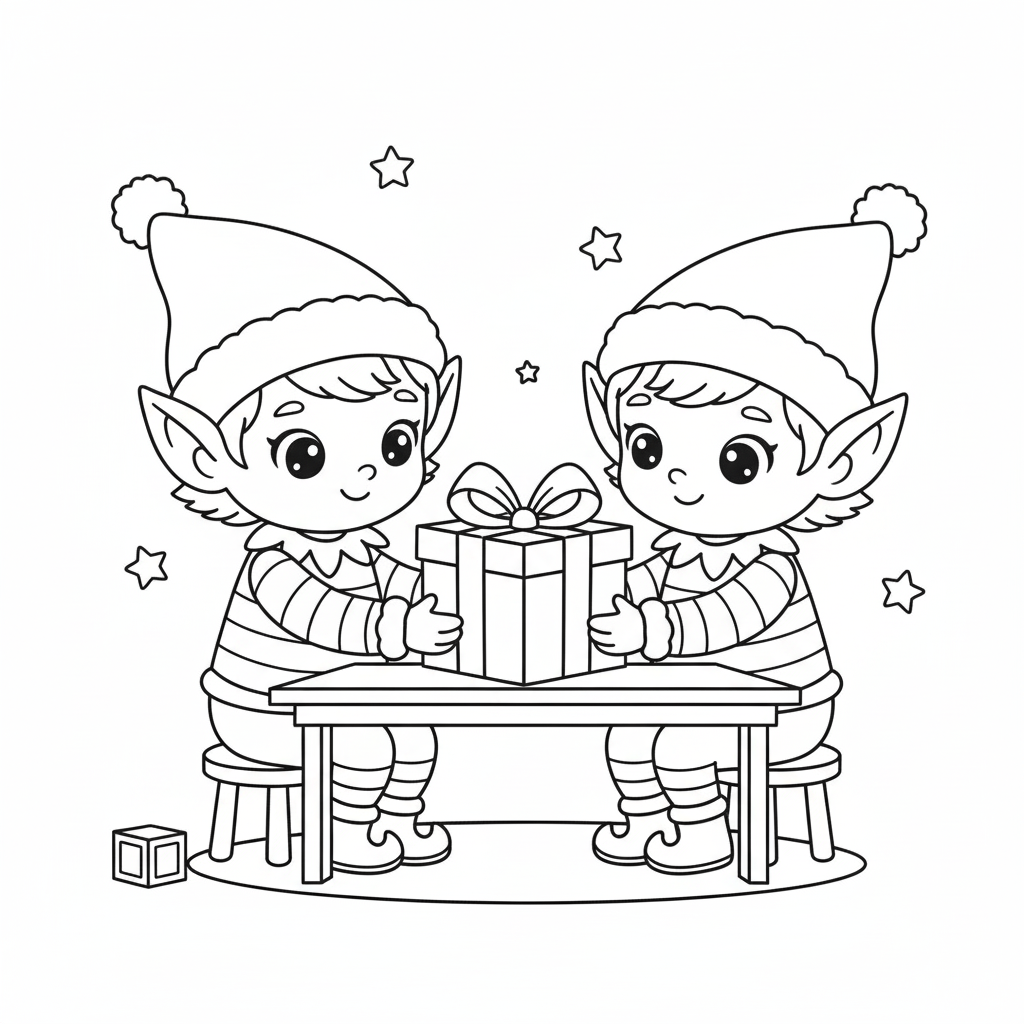 Weihnachtswichtel beim Geschenke Einpacken Malbild