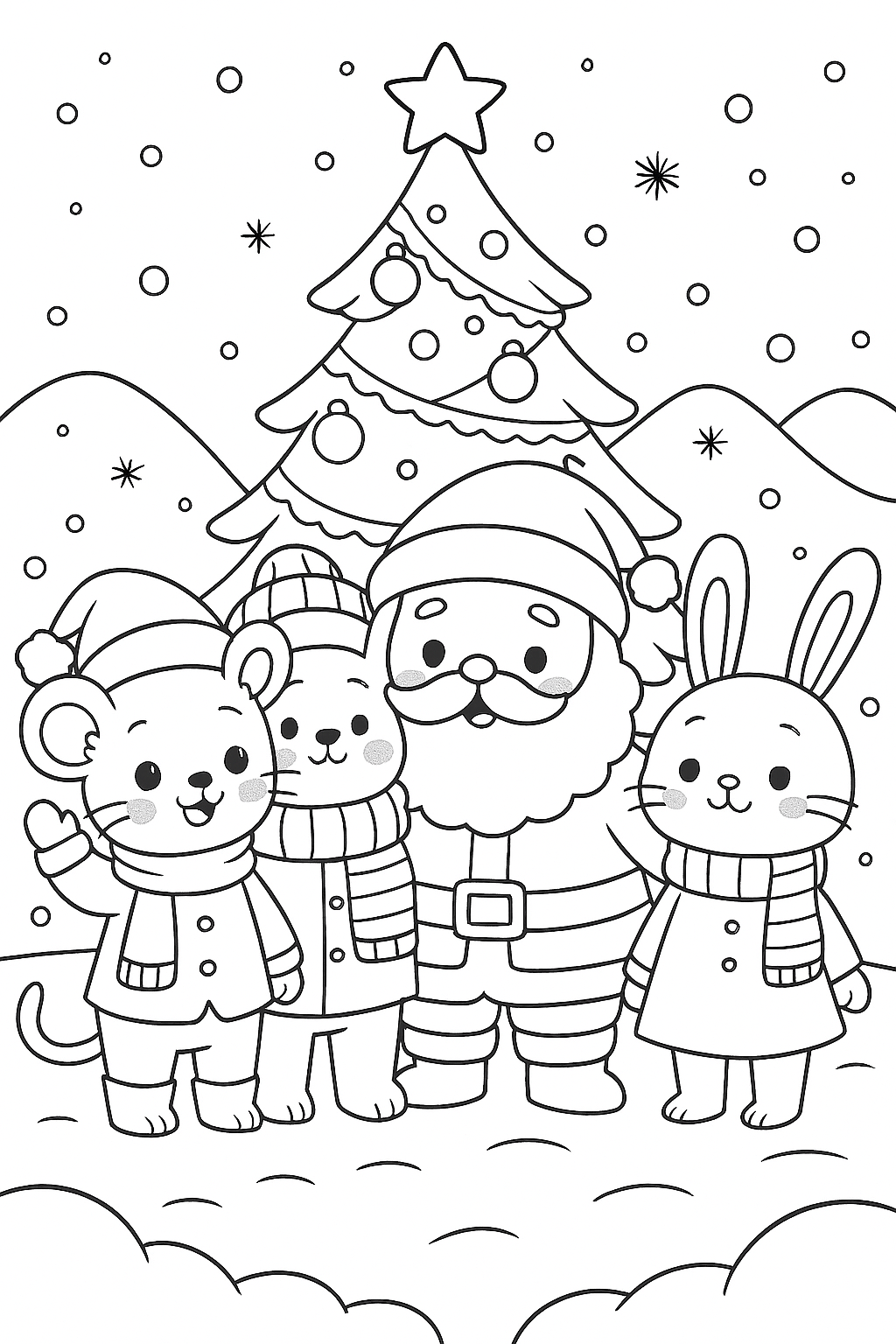 Weihnachten Ausmalbild mit süßen Charakteren