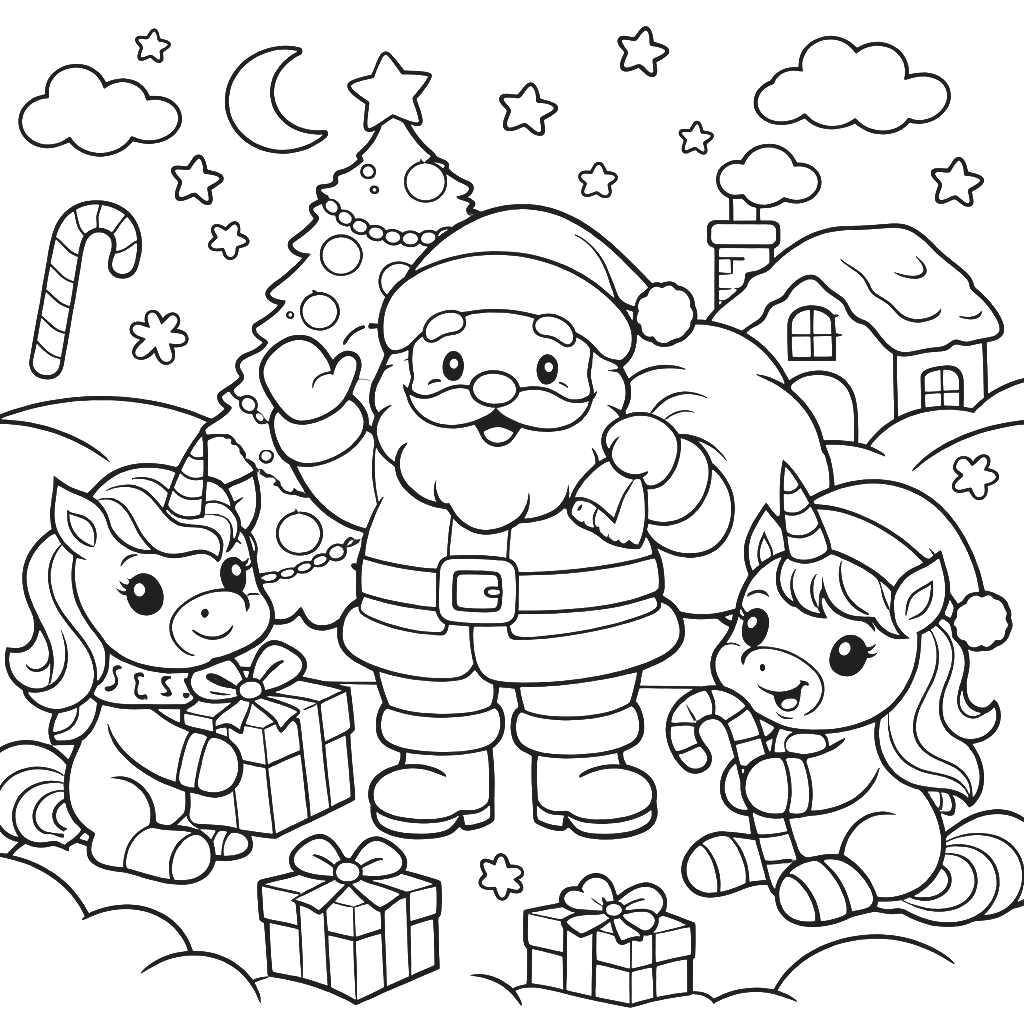 Einhörner mit Weihnachtsmann Ausmalbild