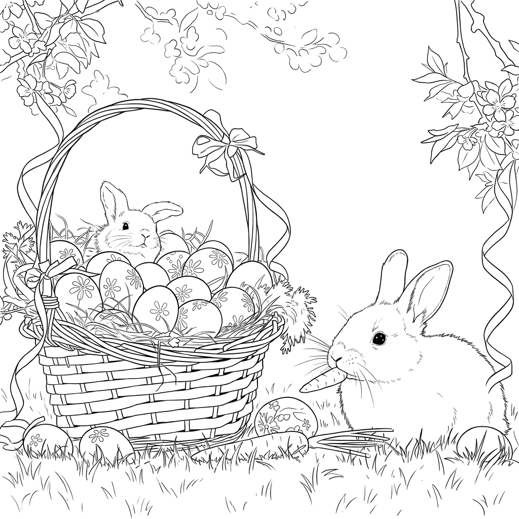 Osterhase mit Ostereiern und Osterkörbchen