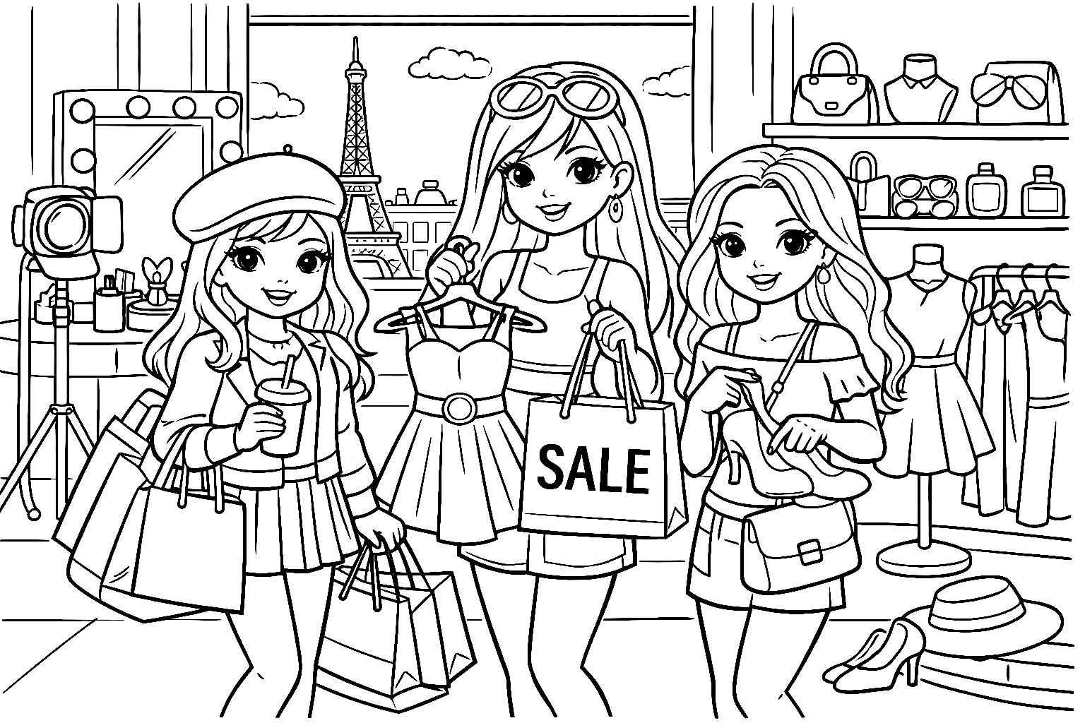 Ausmalbild Topmodels beim Shoppen in Paris