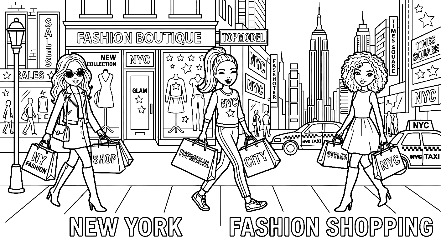 Ausmalbild Topmodels beim Shoppen in New York